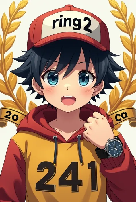 "A young, determined anime-style character wearing a baseball cap with the text RING 2 prominently displayed. The character has large, expressive blue eyes behind black-framed glasses, with dark hair partially visible under the cap. Hes wearing a yellow an...