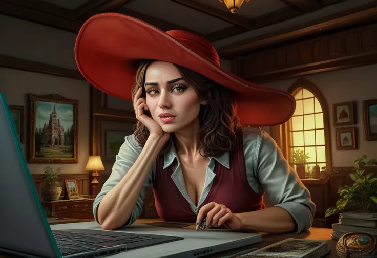 Kamala Harris, beautiful detailed eyes, beautiful detailed lips, extremely detailed face and features, wearing a large red hat, sitting in a burning white house, furiously typing on a laptop, (best quality,4k,8k,highres,masterpiece:1.2),ultra-detailed,(rea...