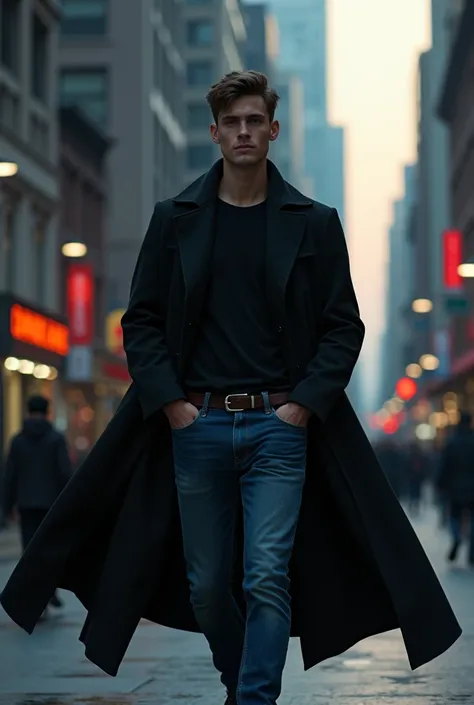 A clean shaven youug man with dark brown hair dressed in black shirt and blue jeans with a very long black overcoat that extends way below his knees.  His coat is flapping due to wind as he keeps his hands in his front pockets of his jeans. The scenery is ...