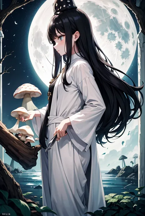 Mushroom man, male, white robe, black long hair, white skin, water bath, double knife on full moon night.