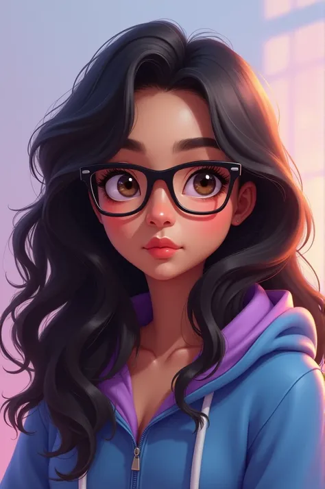 Create digital portrait of a chubby, hispanic Woman with slightly slanted eyes, she has brown eyes, wears thin black glasses. Has long, black, wavy hair,and brown ombre on the tips of her hair. She wears a blue and purple hoodie. Gazing softly at the viewe...