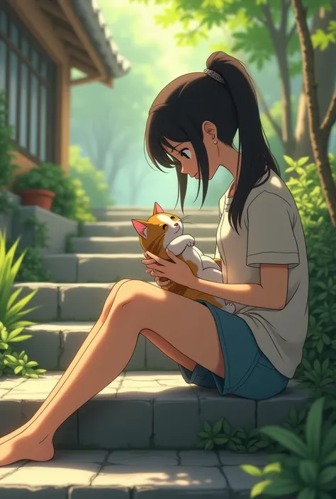 Ghibli style。The theme is "Side face of a woman on the stone steps ", A dark-haired woman sits on a stone step、Im staring and playing with the kitten on my lap,  very cute , The kitten is a calico cat ,  her beautiful coat shines in the sunlight,   Heartwa...