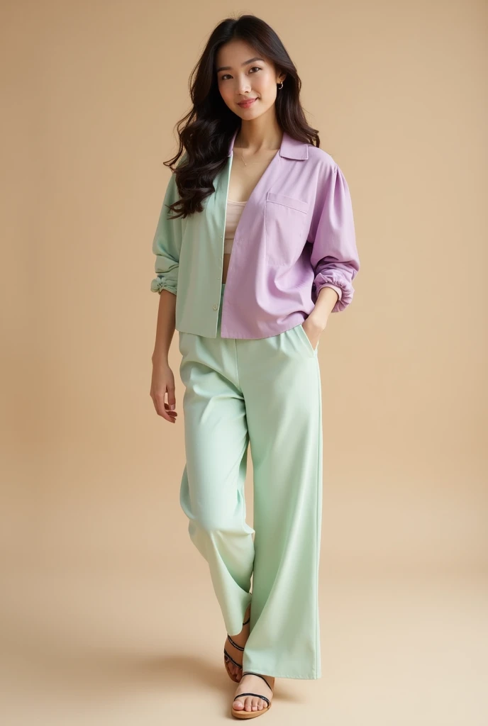  A woman with Asian features ,  looking elegant and pretty ,  dressed in versatile style clothing in pastel tones .  The clothes combine modern and soft details ,  with a touch of Asian fashion ,  in colors such as pink , lavender, and soft mint .  The wom...