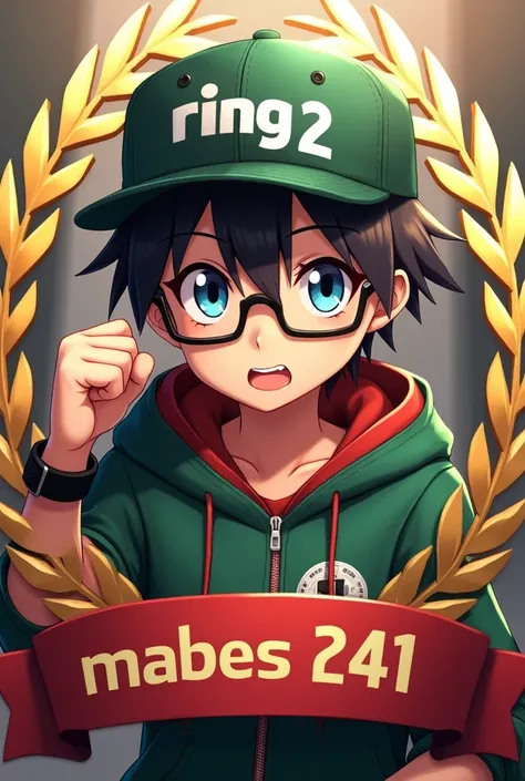 "A young, determined anime-style character wearing a baseball cap with the text RING 2 prominently displayed. The character has large, expressive blue eyes behind black-framed glasses, with dark hair partially visible under the cap. Hes wearing a green and...