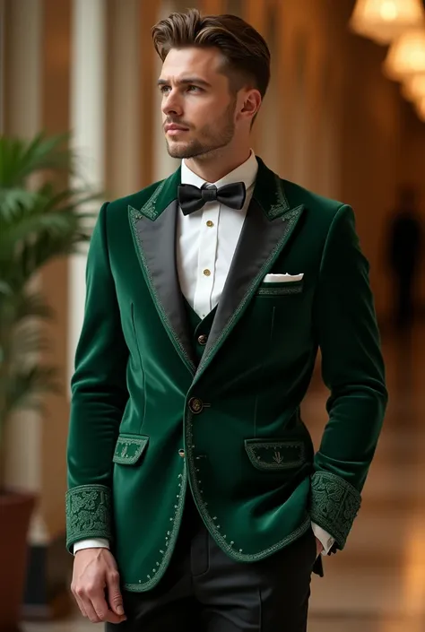 Man in 20s wearing Bottle Green suit coat with Piping work and beautiful green embroidery work on Coat pocket and sleeves cuffs and Black pants for wedding wide realistic
