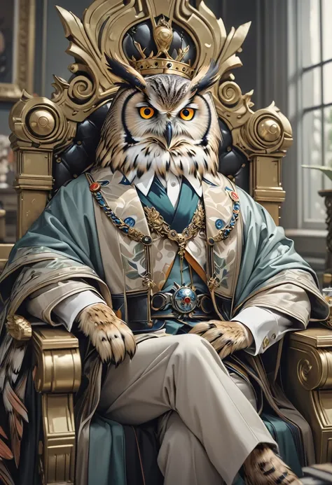  Hall Seated on the Throne 々Taru Owl King ,  two comical owls sitting next to them, Inside the palace,  blurry background,  muted color palette , oil,  brushstroke art style , ( best quality,4K,8k, Hi-Res,masterpiece:1.2),Super detailed,(Realistic,photoRea...