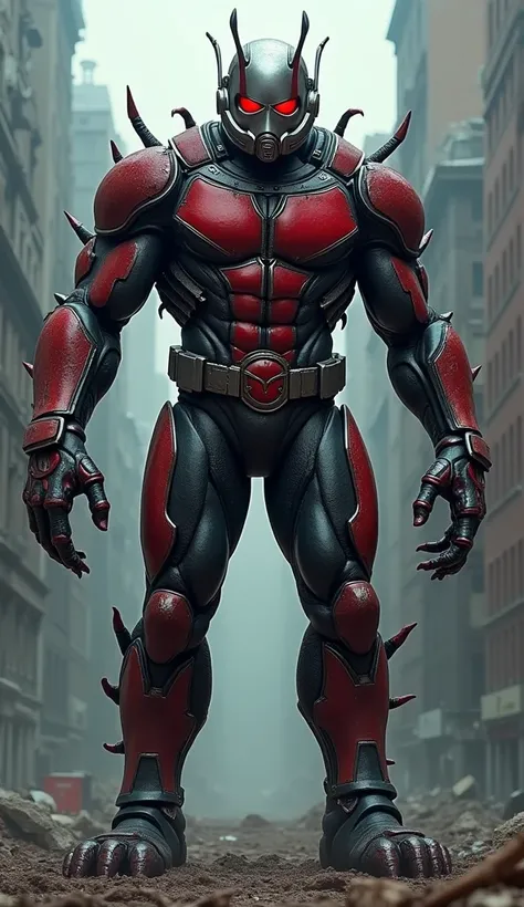 A realistic and horrifying depiction of Ant-Man transformed into a massive, monstrous creature. His body is grotesquely enlarged, with mutated insect-like features, including sharp, chitinous armor covering his limbs and a segmented, ant-like exoskeleton. ...