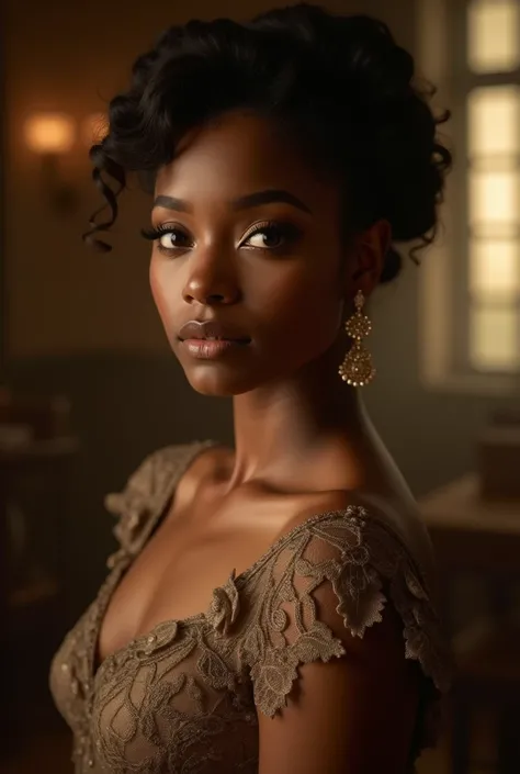 A beautiful black woman from the 1920s, elegant vintage dress, intricate lace patterns, delicate facial features, piercing eyes, full lips, long eyelashes, elegant updo hairstyle, soft skin, warm lighting, sepia-toned, cinematic composition, timeless beaut...