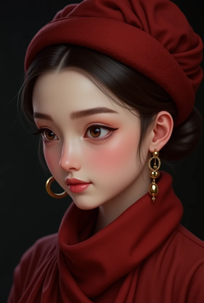 A girl with closed eyes and a slight smile on her face. She is wearing a red scarf that is neatly wrapped around her head. She has round earrings in her ears. Her makeup has an emphasis on the lines, highlighting her gaze. Her face has soft features, resem...