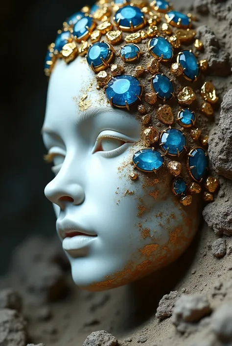 Male male face made of porcelain with many large inlays buried with diamonds, sapphires and raw gold half the face  