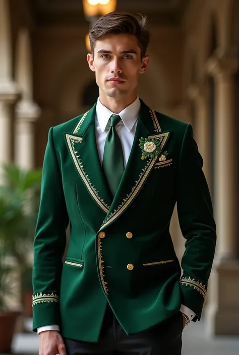 Man in 20s wearing Bottle Green suit coat with Piping work and beautiful green embroidery work on Coat Chest pocket and sleeves cuffs and Black pants for wedding wide realistic
