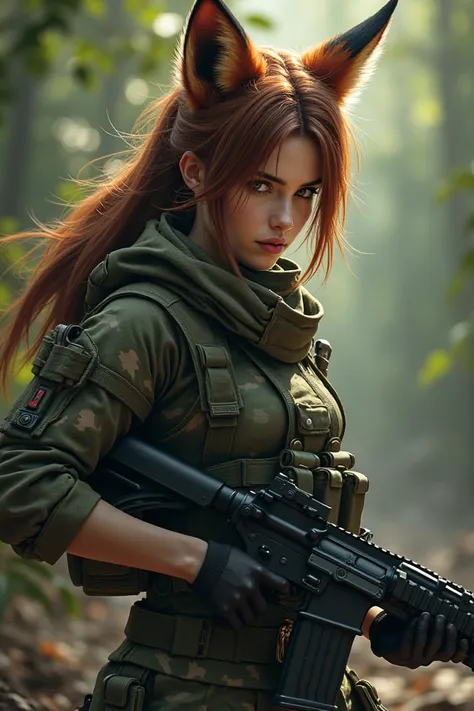 Angry but very beautiful brunette fox girl in camouflage with a machine gun 