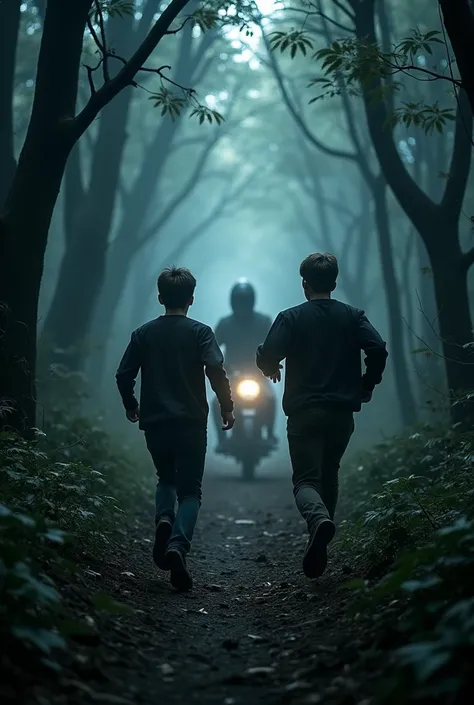 Two beautiful and handsome 16-year-old young men run through a dark forest a mysterious motorcycle killer dressed in black pursues them cover for a horror movie