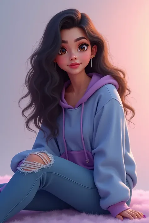 Create digital portrait of a chubby, hispanic Woman she has brown, asian eyes. Has long, black, wavy hair,and brown ombre on the tips of her hair. She wears a blue and purple hoodie. Sitting with one knee up wearing skinny ripped jeans. Gazing softly at th...