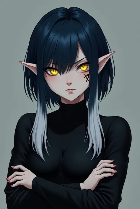  dark elf with short dark blue hair Long white locks in front  at shoulder height,  Yellow Eyes ,  a scar on her left eye , pale skin, black clothes,  with arms crossed . Annoying facial expression.Thick body. Style RPG dark Fantasy 