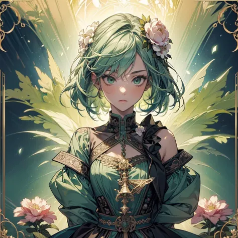 (masterpiece,  best quality,  best quality,  Official Art,   Beautiful and Aesthetic:1.2), ( 1 girl:1.3), ( FRACTAL ART:1.3), card, Tarot,  GREEN HAIR ,  twin blade , Hair Flowers, (Good lighting:1.1), (( Hi-Res)), Tarot card style