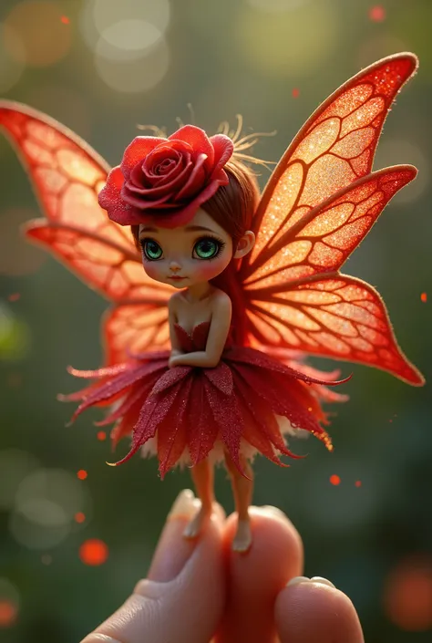 BEAUTIFUL TINY RED ROSE FAIRY LOOKING STRAIGHT AT THE VIEWER WITH GORGEOUS GLITTERY RED AND GOLD WINGS SMALL ENOUGH TO STAND ON THE TIP OF A HUMAN FINGER