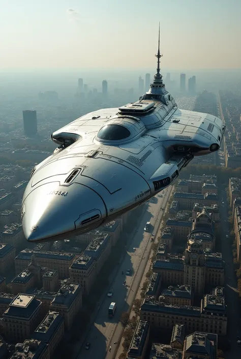 A huge silver ship descends from the sky over Paris 