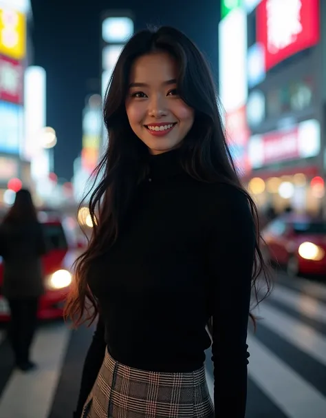 8K HD, Perfect lighting, A woman with long, black hair, pale skin, sexy figure, ((smiling)), wearing a black turtleneck sweater and a plaid skirt, standing by the Shibuya Crossing with cars and pedestrians around her, 横ろから、夜