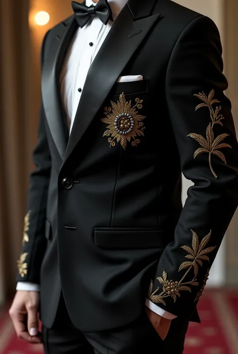 Man in 20s wearing Bottle Black suit coat with Lining work and beautiful Black embroidery work on Coat pocket and sleeves cuffs and Black pants for wedding wide realistic
