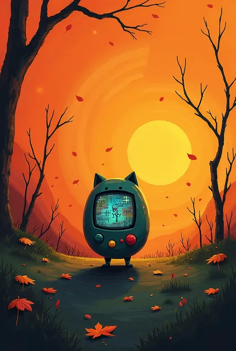 Melancholy tamagochi in early autumn sunset Kandinsky style 