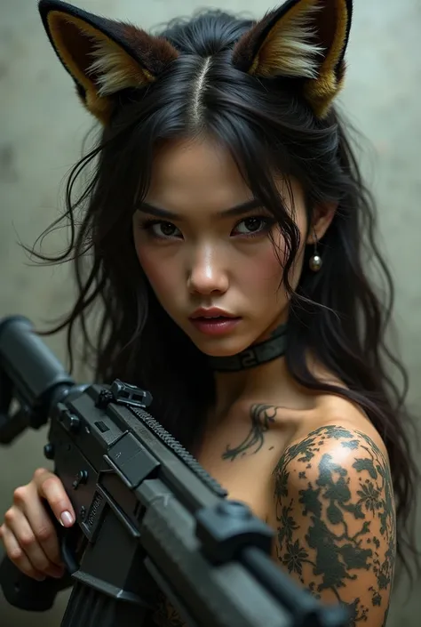 Angry but very beautiful asian girl brunette fox in camouflage with a machine gun 