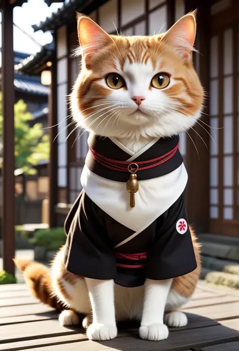 Cat breed：mix（hybrid）
Coat color and pattern ：brown and white two-tone
outfits： simple black team uniform
Physical characteristics ： slightly rounded face and simple eyes
accessory： small cloth collar around the neck
Props ：wooden sword
Pose ： holding up e...