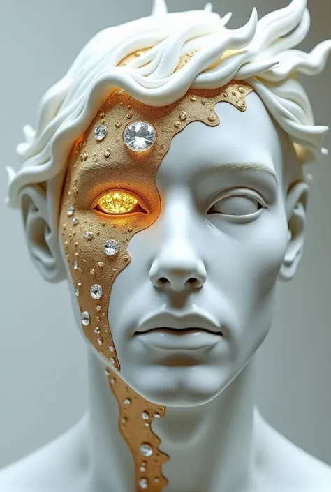 Male male face made of porcelain with diamonds and gold peeking out the middle of the face