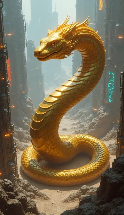 Create fusion of a snake wearing golden armour in giant size with hitech background 