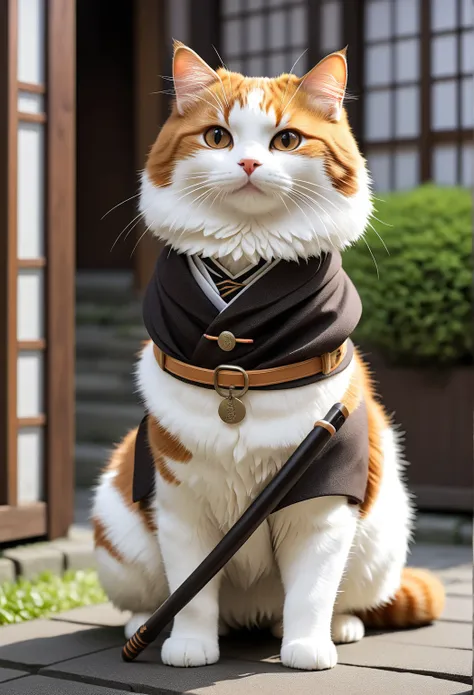 Cat breed：mix（hybrid）
Coat color and pattern ：brown and white two-tone
outfits： simple black team uniform
Physical characteristics ： slightly rounded face and simple eyes
accessory： small cloth collar around the neck
Props ：wooden sword
Pose ： holding up e...