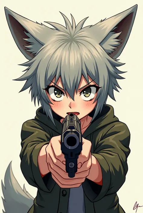 a cute anime fox boy with grey hair holding a gun looking unhinged