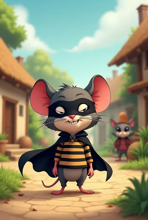 Here’s the cartoon image of Monu the mouse dressed as a  thief n a village setting, amusingly fooling the villagers. Let me know if youd like more details or any other adjustments!