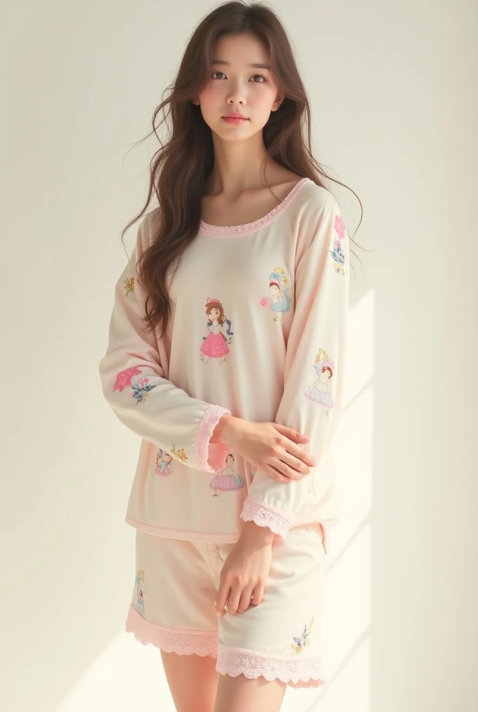 (real picture) a 20 years old teenager girl wearing pajamas long sleeve lace princess character print (standing) full body