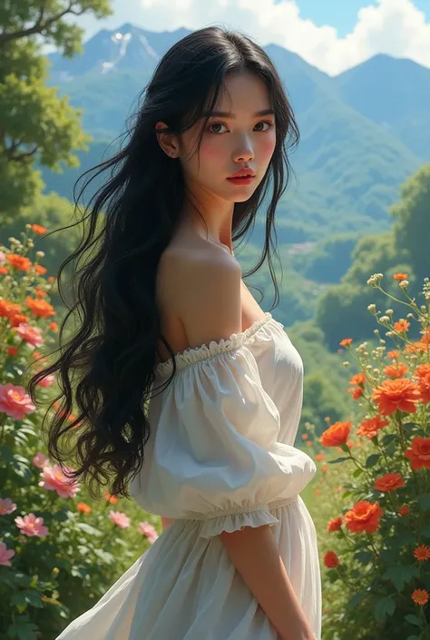 Create a realistic image of a very beautiful girl standing with a front view (black hairs ) in a beautiful garden with the background of mountains & valleys