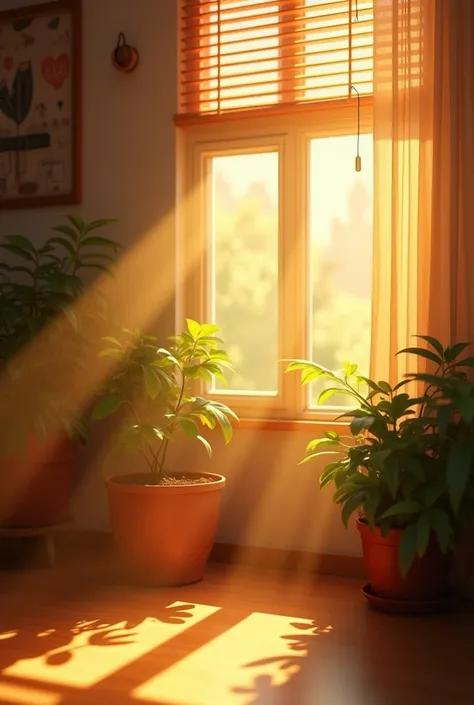 A warmly lit interior with sunlight streaming through blinds, casting beautiful shadow patterns on the wall. Potted plants by the window add a touch of greenery, creating a serene and peaceful ambiance that embodies the beauty of golden hour indoors，Rim Li...