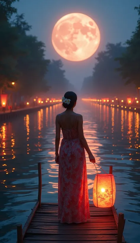 Get 3D background image. Field Canal has a pier for floating, there is water, there is a stream, there is colored light in the Loi Krathong festival, there is a lantern, there is a beautiful floating waterfall, there is a full moon, there is a woman standi...