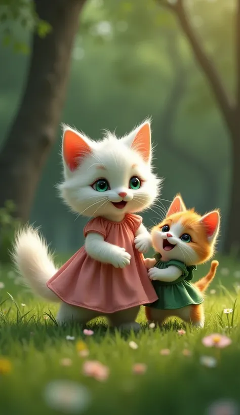 In cinematic 3D style, HD image ,realistic image ,dark image.
Character, a mom white big female cat and green eyes wearing pink dress. 
Character, orange and white mix baby cat wearing green frock and eyes Blue.
Action,Baby cat and mom are both playing ins...