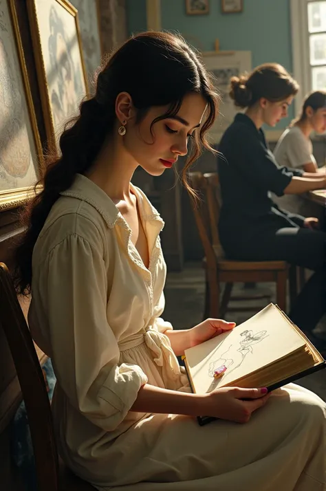 A young woman with long, dark hair, dressed in early 20th-century attire, sits with a sketchbook at the Académie Colarossi in Paris. Other students and artists are around her, with a soft, vintage glow illuminating the space.