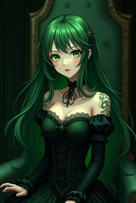 Teenage anime viper princess, green and black clothes, green and black throne, dark throne room, beautiful clothes, long, choppy, layered green and black hair, green eyes, pale skin with scale-like markings, gothic-style corseted dress with black silk and ...