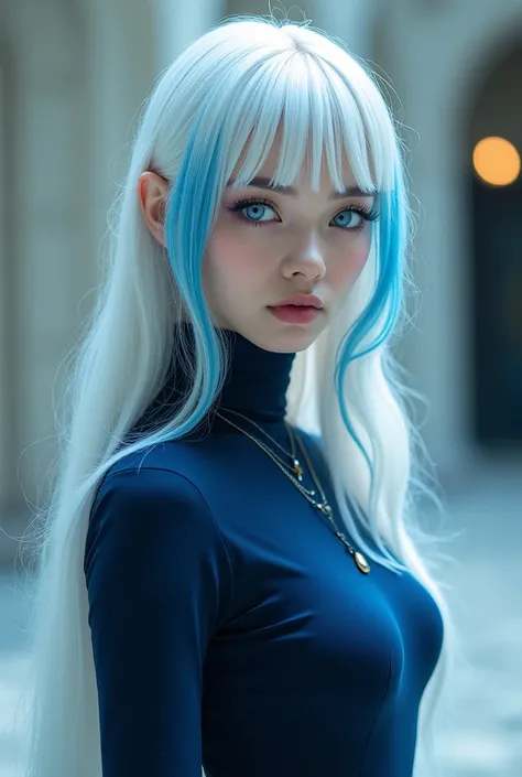 An extremely beautiful woman with long stunning straight white hair that curls at the end with blue tips and bangs, she has sharp dark blue eyes wearing a skin tight dark blue dress, ivory porcelain skin and a hourglass body with amazing proportions