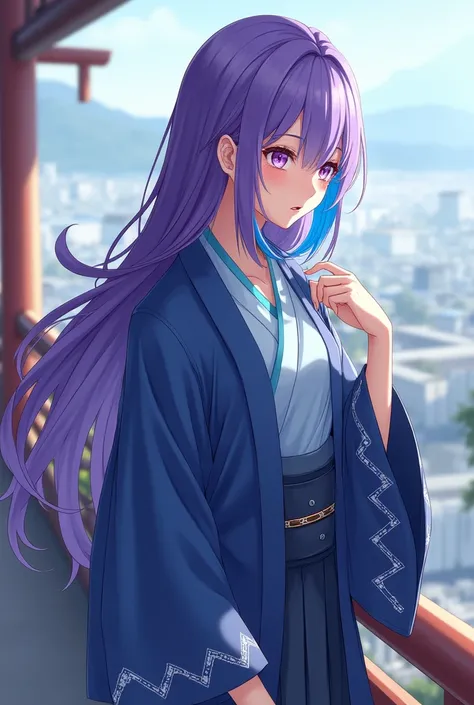 Attractive game girl with purple long hair 、 
Turn a section of the side of the bangs blue.　
 blue highlights on the side of her bangs 　Part of the bangs is blue　　Blue Japanese coat with white triangular pattern on cuffs　Light blue kimono coat
black hakama...