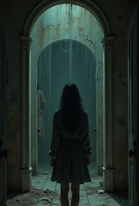 "An eerie scene inside a dimly lit old house: a young woman stands in front of a dusty