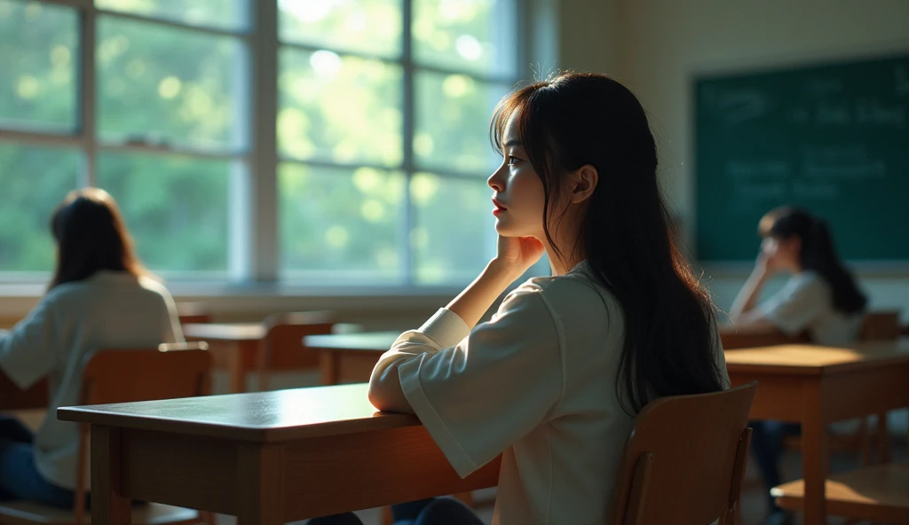 In one of the university classrooms, a young teenage woman sat listening to a lecture in a trance, looking out the window, seeing the bright outside world, but feeling lonely in her heart.