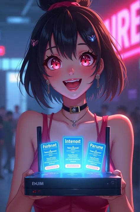 Sexy anime with happy face holding a wifi router with "plan888-45mbps plan1050-80mbps plan1150-110mbps plan1450-250mbps plan1650-300mbps" Written in router