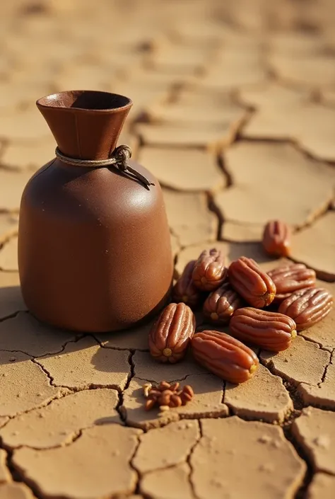  “A close-up view of a small leather water skin and a few scattered dried dates, lying on the hot sand. The items are placed next to each other, abandoned and forgotten. The dry, cracked ground around them symbolizes the dire situation, and the emptiness o...