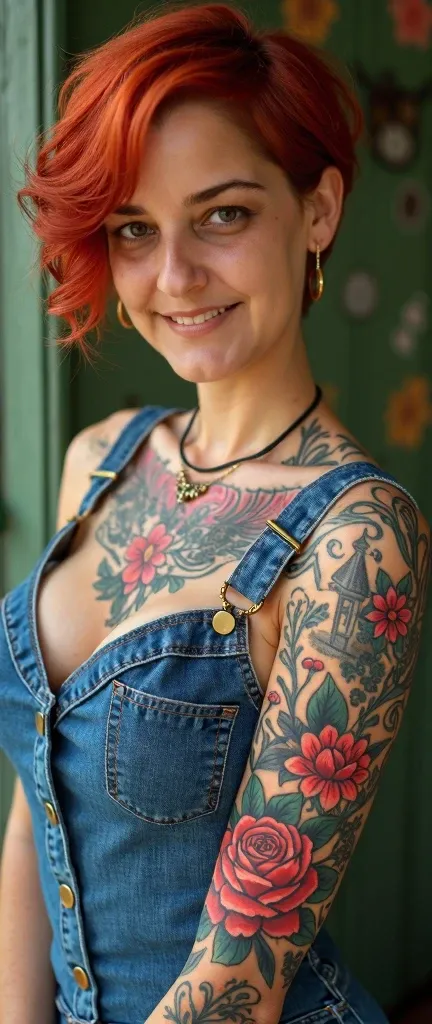 1 woman, smiling happily,  short red hair ,  but beautiful, sexy tattoos , no color,  above her left breast she has a tattoo with the word  "ArtesaNature"  in cursive and capitular font written and has a beautiful rose tattooed together with a geranium and...