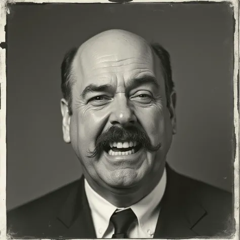 1960s polaroid film stock;old-timey black & white photograph of a 1960s canadian male;35-years-old,dark gray matte background;realistic;realistic photograph;large bulky face;bald head;stocky build;very narrow strap of neatly-trimmed facial hair along jawli...