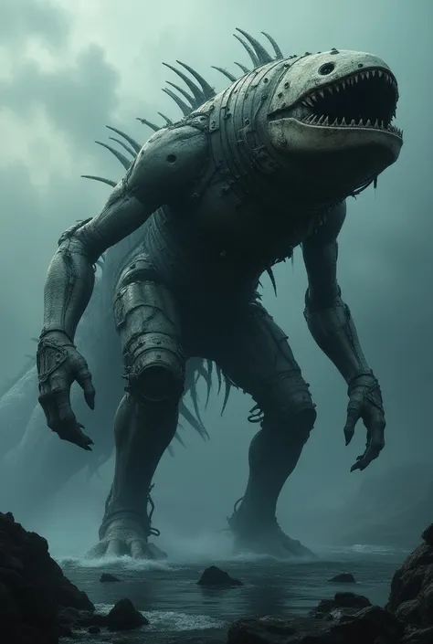 Create a hybrid creature that seamlessly combines the features of a "savasgemisi" (warship) and a "Piranha." The entity should have a monstrous appearance, incorporating elements like the metallic structure of a warship with sharp angles and cannons, mixed...