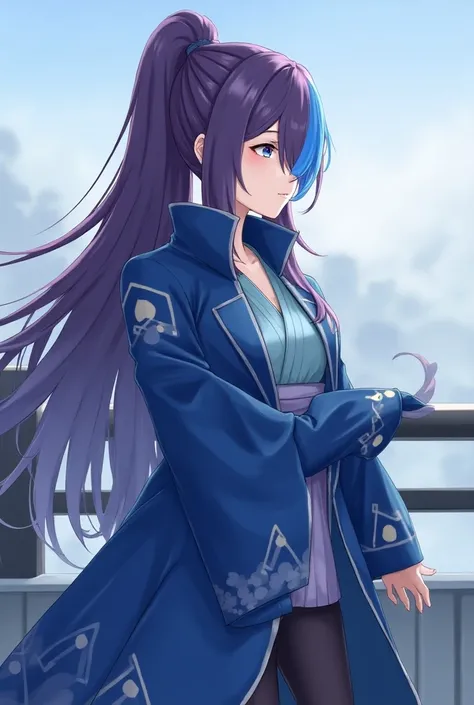 Attractive game girl with purple long hair 、 
Turn a section of the side of the bangs blue.　
 blue highlights on the side of her bangs 　Part of the bangs is blue　　Blue Japanese coat with white triangular pattern on cuffs　Light blue kimono coat
black hakama...