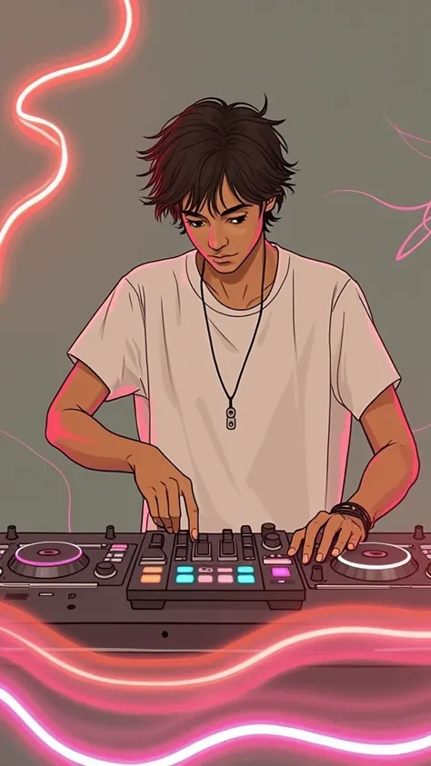 an electronic music DJ, in the background neon sound waves,neon energy, illustration